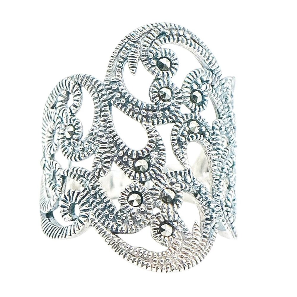 Vintage Sterling Silver Marcasite Scroll Ring Band Size 6.5